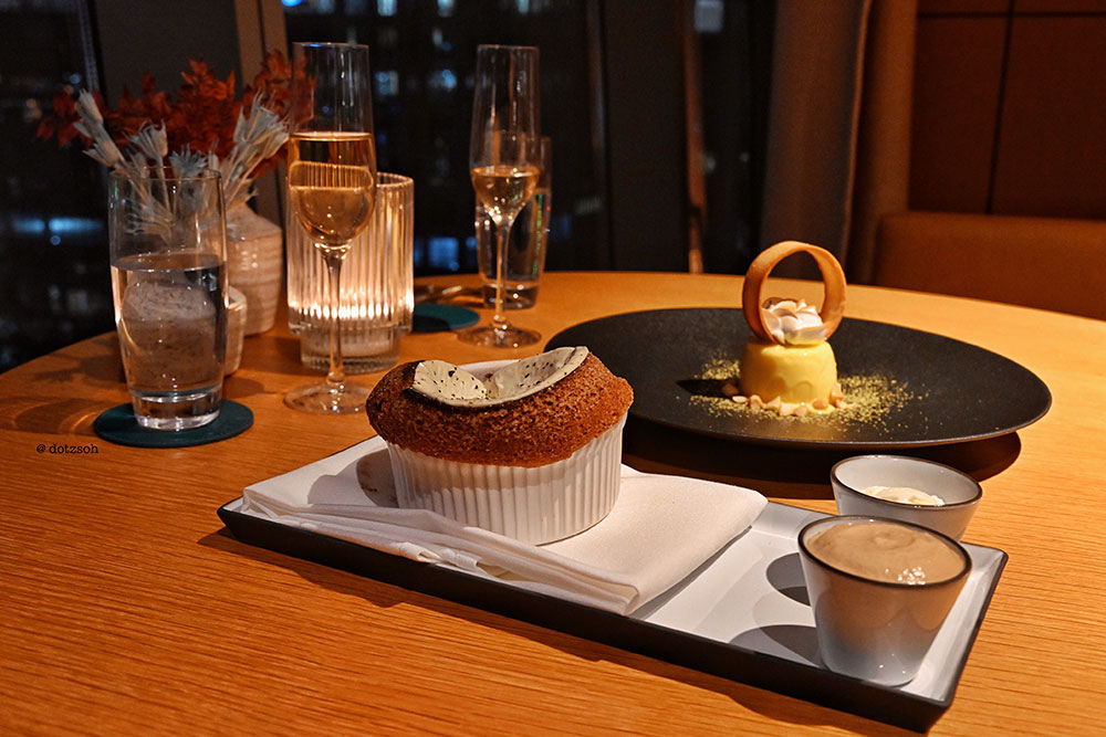 Charlotte Restaurant & Lounge Espresso White Chocolate soufflé and Lemon Yuzu Tart